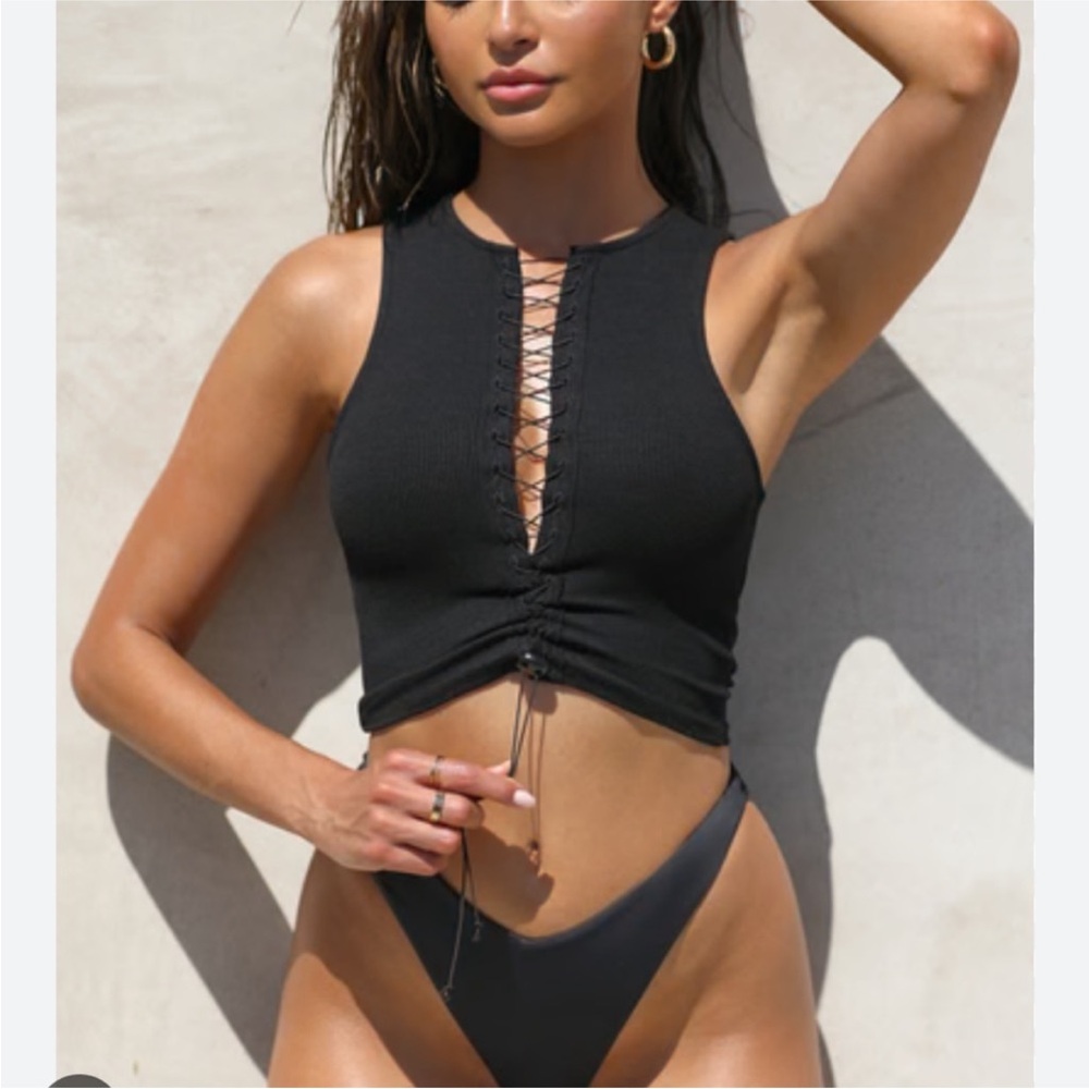 Joah Brown Black Ribbed Lace Up Tank